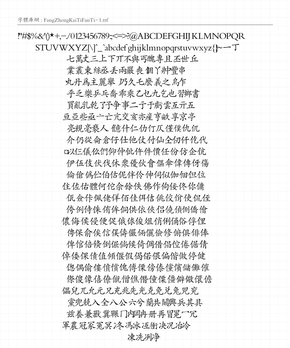 方正楷体繁体 - 完整字符集预览