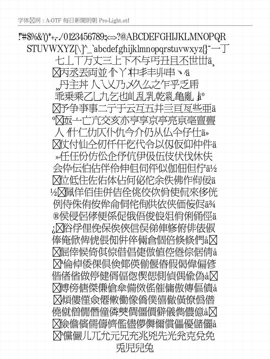 A-OTF 毎日新聞明朝 Pro-Light - 完整字符集预览
